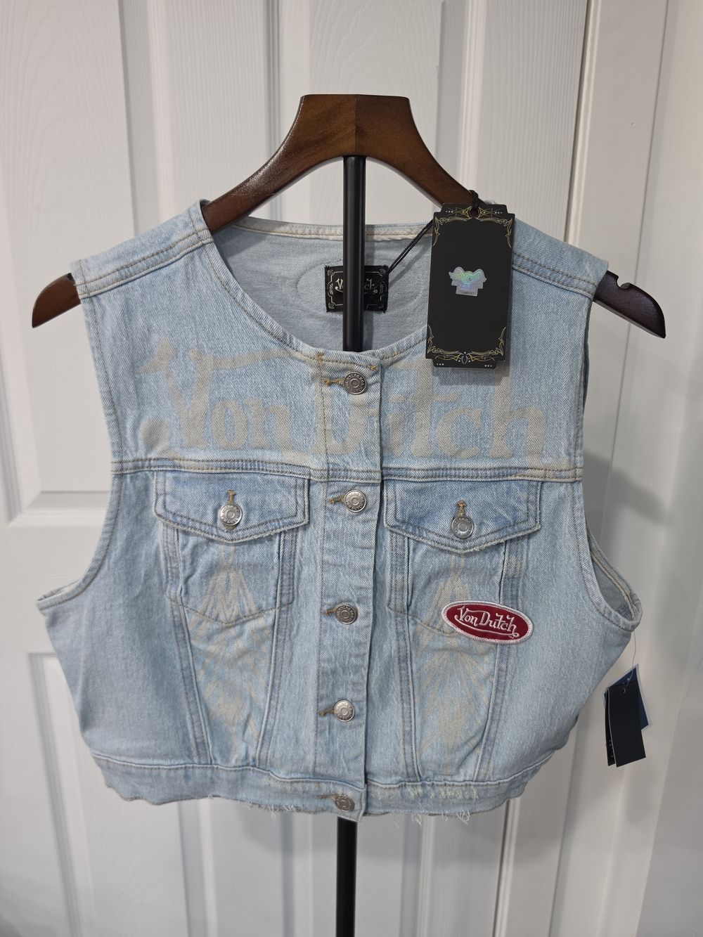 Von Dutch Light Wash Denim Cropped Vest with Patch
